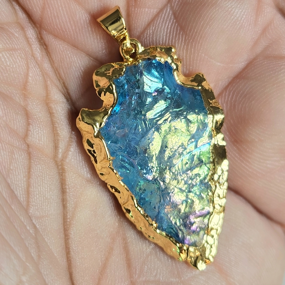 Electroplated Blue Iridescent Arrowhead Pendant